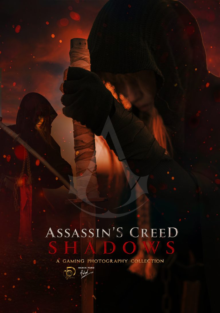 عکاسی گیمینگ الهام گرفته شده از assassin,s creed shadows با نورپردازی قرمز و استایل سینمایی - pixora